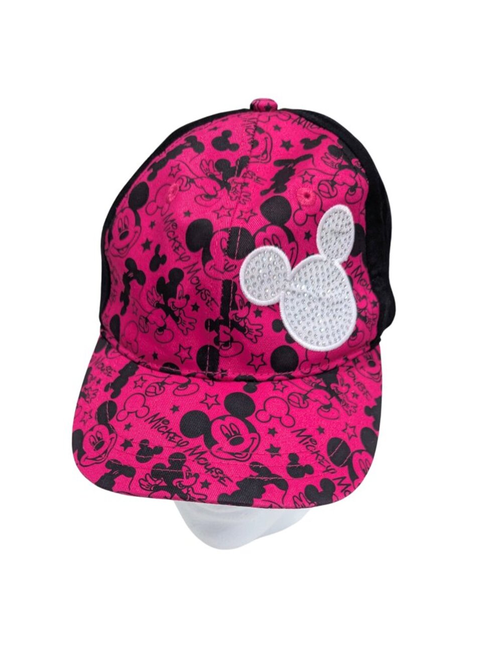 Disney Mickey Mouse Pink Black Youth Cap Adjustable Velcro Hat Glitter Logo - Picture 3 of 7